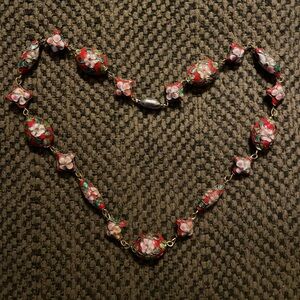 Red Flower Cloisonne Necklace Choker 18”